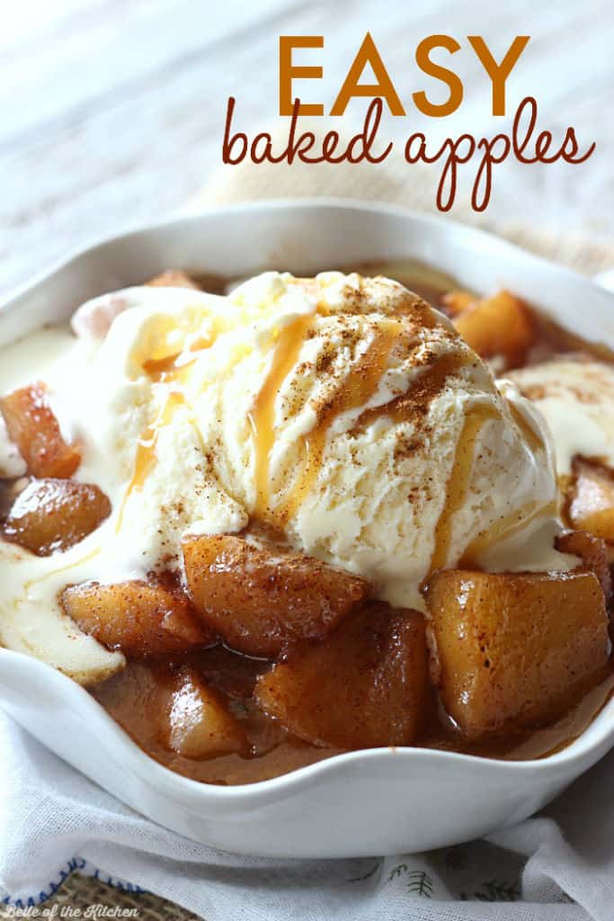 A bowl of baked apples and ice cream 