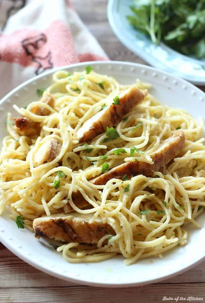 One-Pot Cheesy Garlic Chicken Spaghetti - Belle of the Kitchen