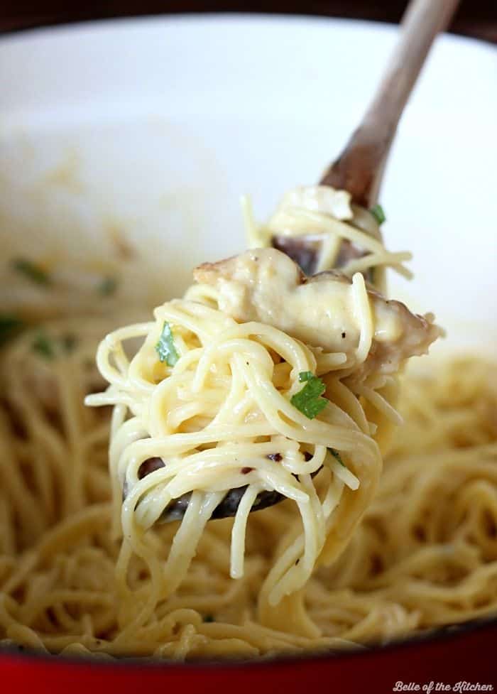 A close up of a spoon of pasta with sauce 