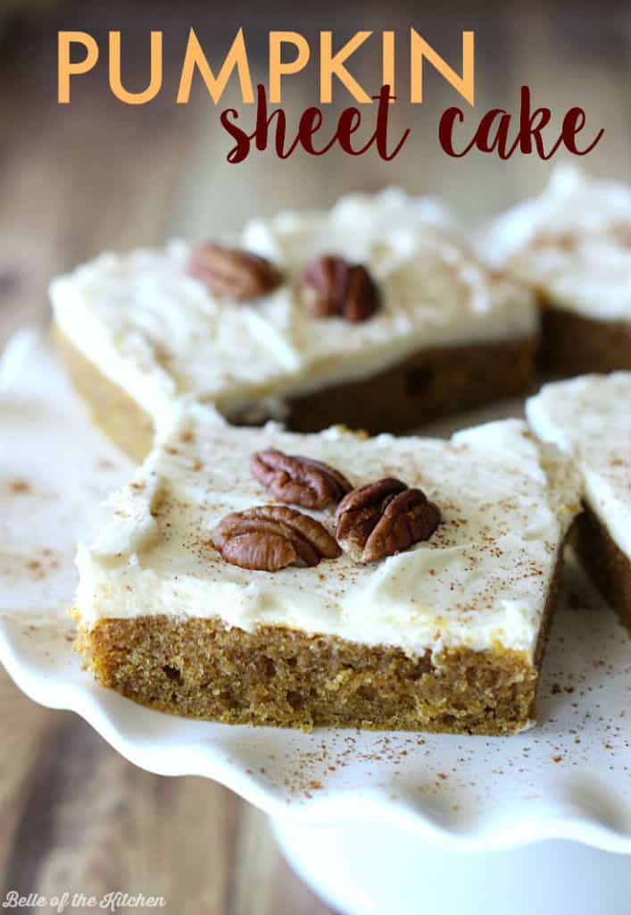 A piece of pumpkin bars with icing and pecans