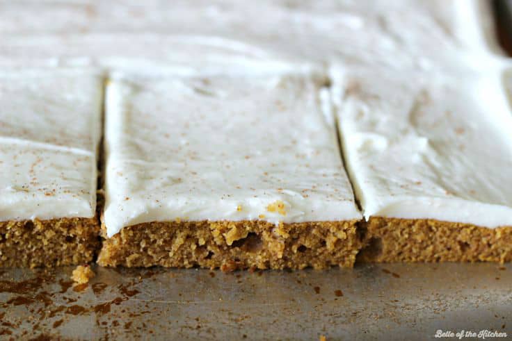 A piece of pumpkin bars with icing