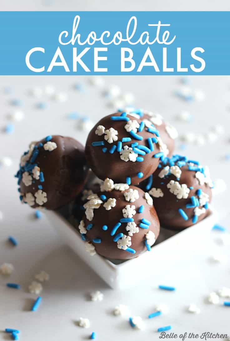 A bowl of chocolate cake balls with blue and white sprinkles