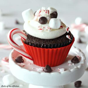 a cupcake with marshmallow frosting, chocolate chips, and a peppermint candy cane handle