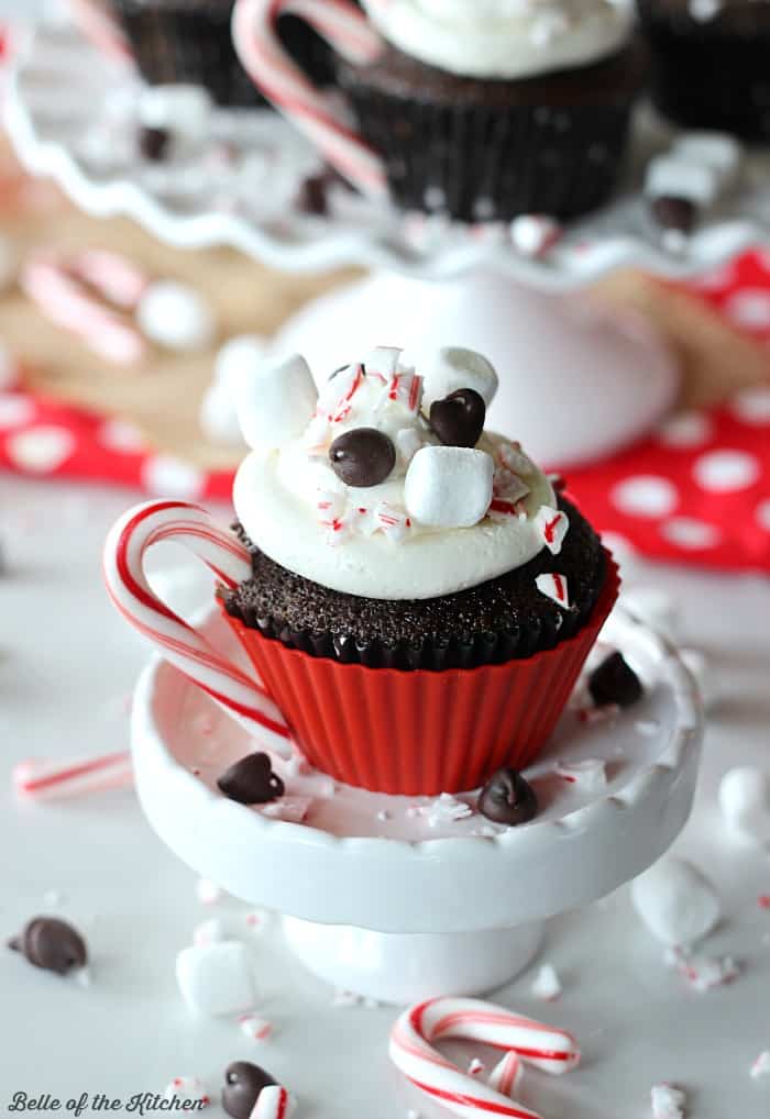 a cupcake with marshmallow frosting, chocolate chips, and a peppermint candy cane handle