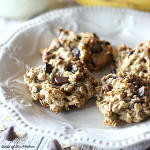A plate of banana cookies with chocolate chips