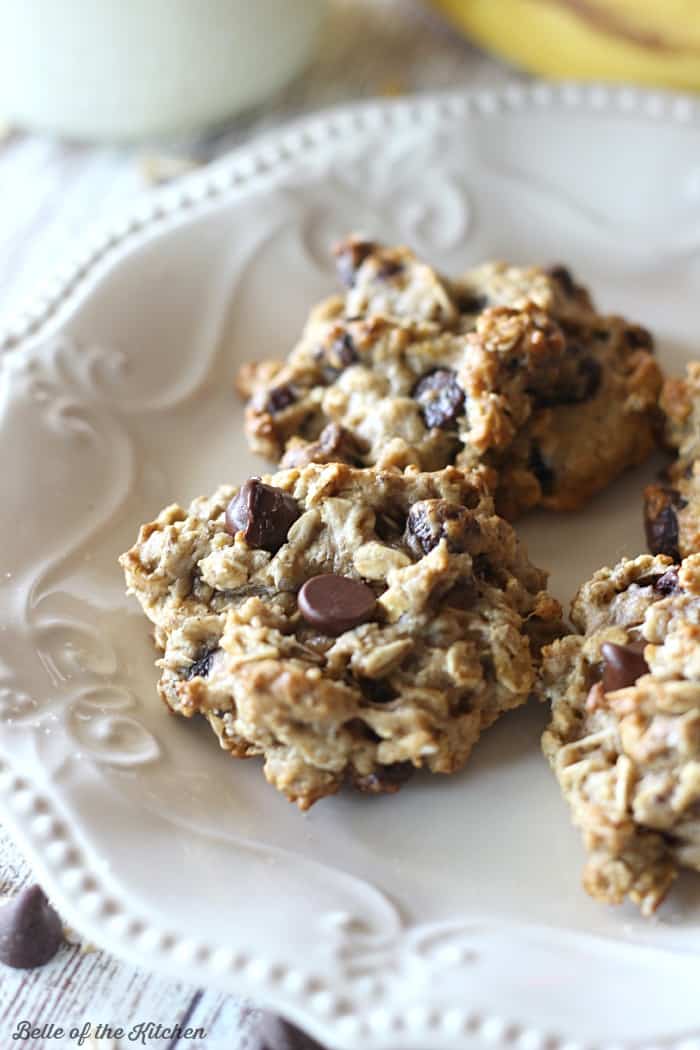A plate of banana cookies with chocolate chips
