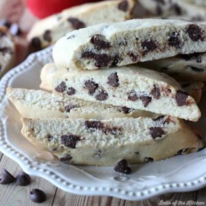 a plate of chocolate chip biscotti stacked