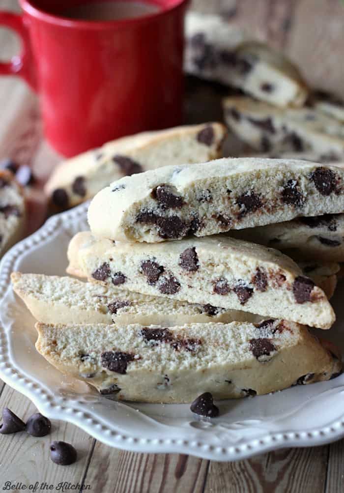 a plate of chocolate chip biscotti stacked