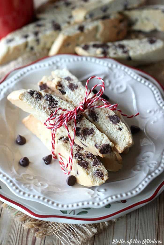 A bundle of biscotti wrapped with a red and white ribbon