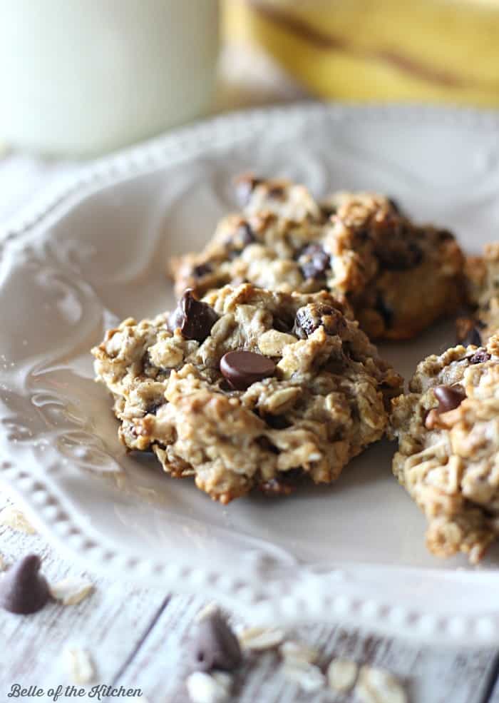 A plate of banana cookies with chocolate chips
