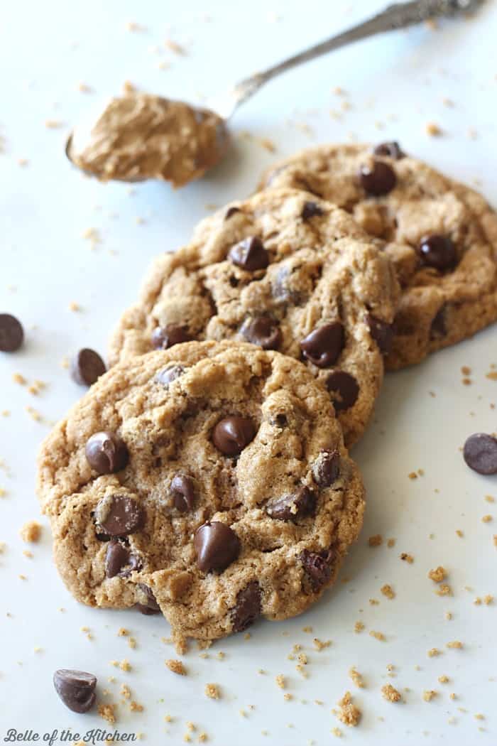A close up of chocolate chip cookies