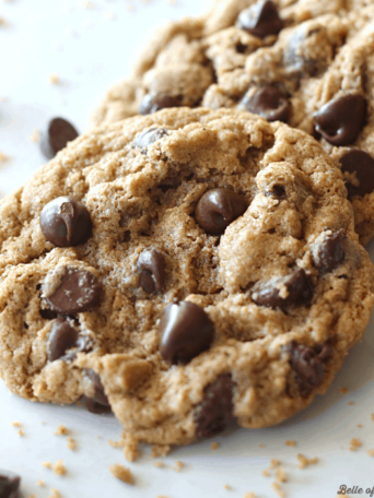 A close up of chocolate chip cookies