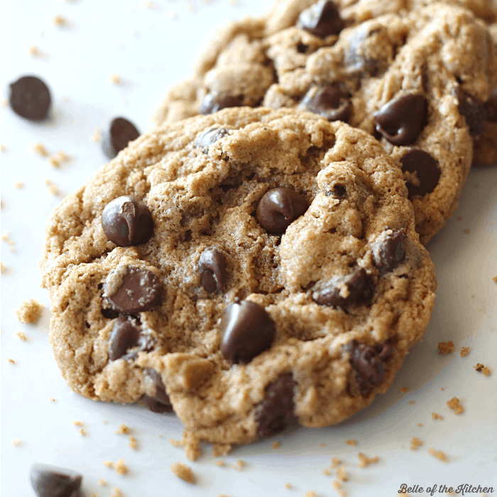 A close up of chocolate chip cookies