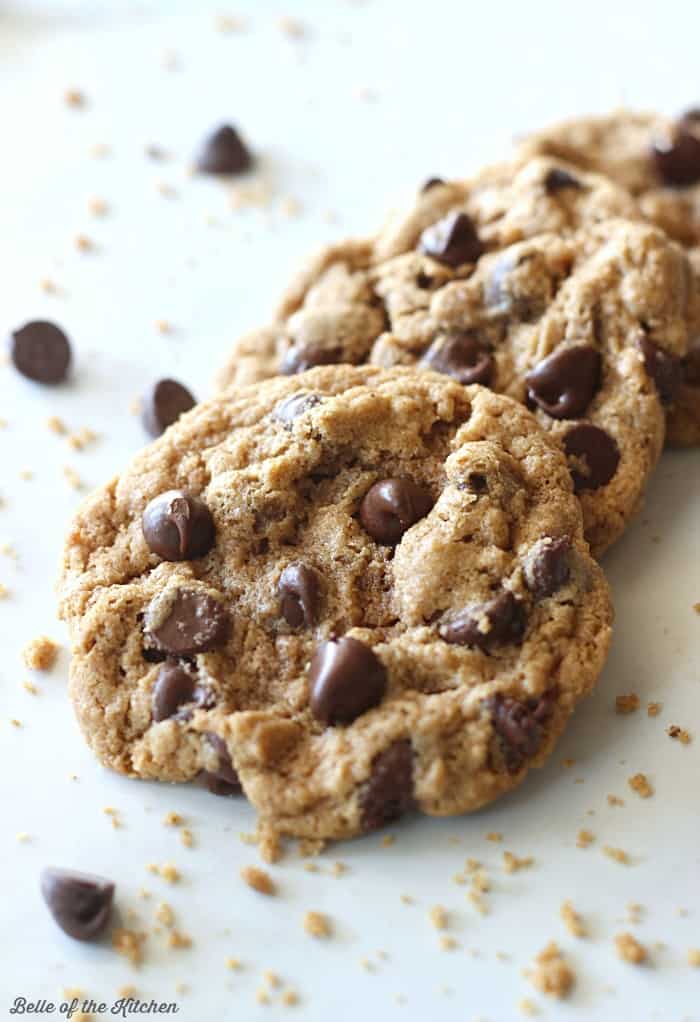 A close up of chocolate chip cookies