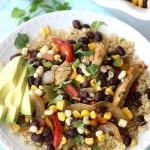 These Skillet Chicken Fajita Quinoa Bowls are made with marinated chicken, peppers, onions, and a homemade corn salsa. Serve over cooked quinoa for a healthy and delicious weeknight dinner!