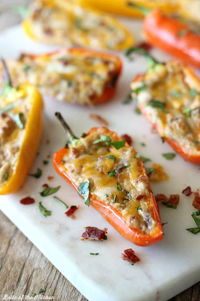 mini peppers filled with bacon, cream cheesem, cheese, and cilantro