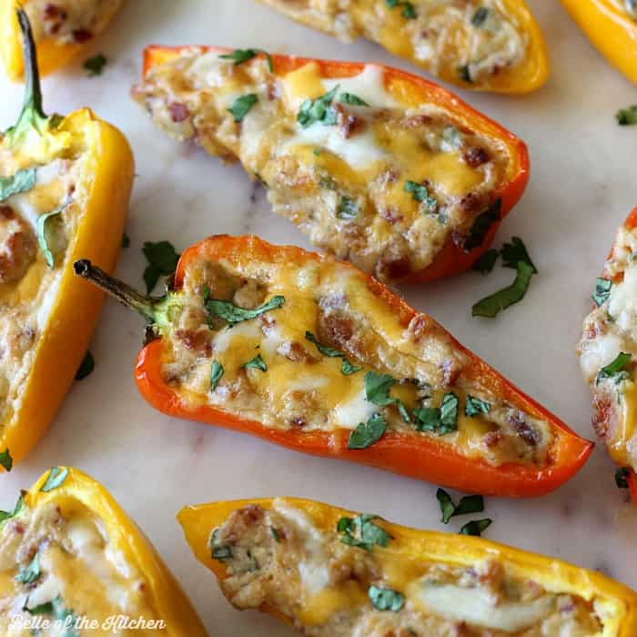 mini peppers filled with bacon, cream cheesem, cheese, and cilantro 