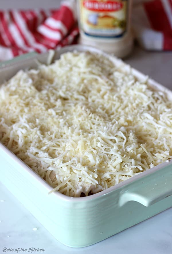a casserole dish filled with lasagna and cheese