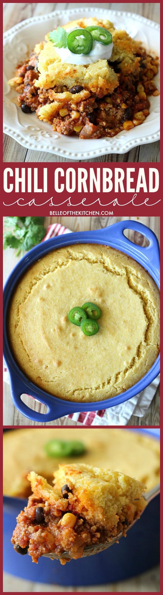 a bowl of chili cornbread casserole with sliced jalapeño on top