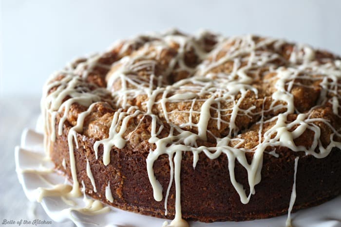 A coffee cake with vanilla drizzle