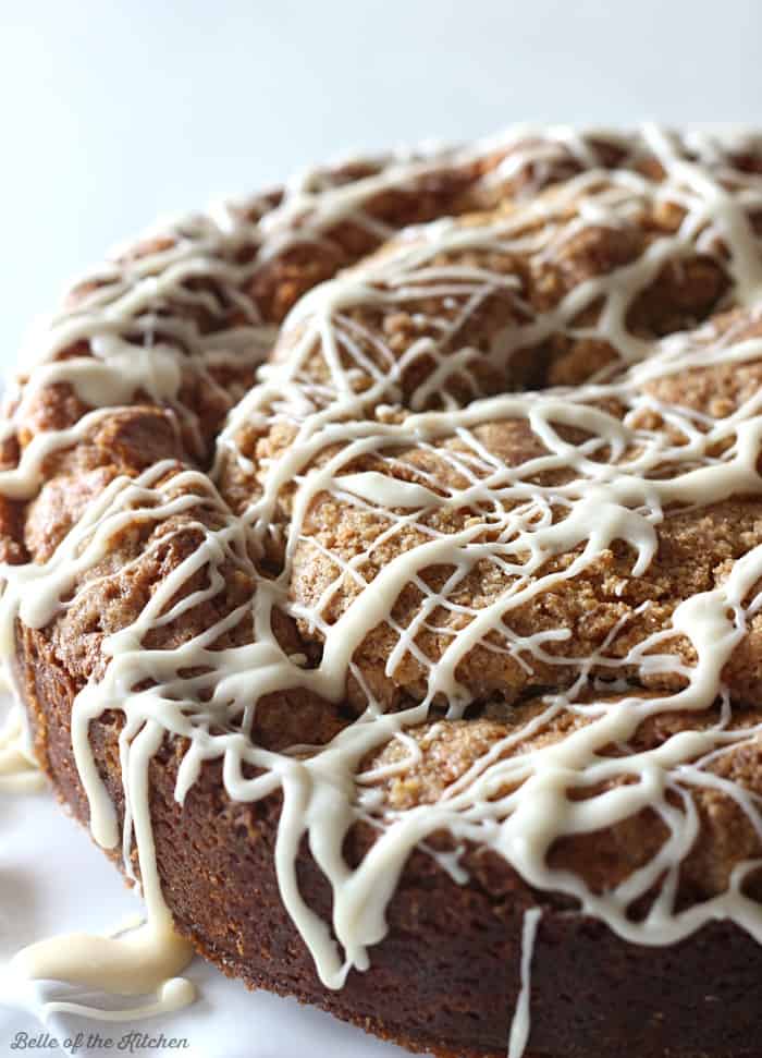 A coffee cake with vanilla drizzle