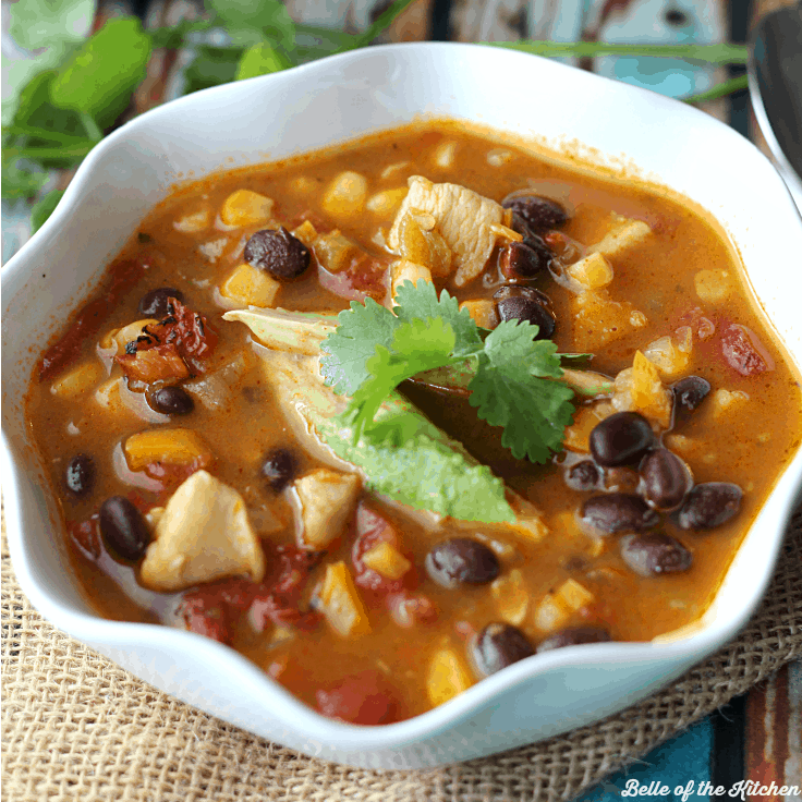 A bowl of chicken taco soup with a sprig of cilantro and avocado