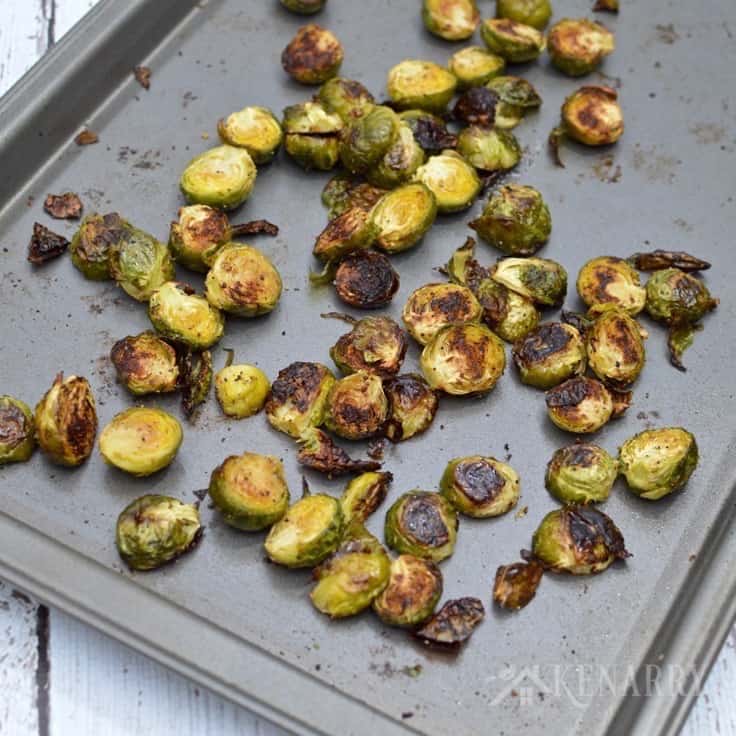 a sheet pan of cooked Brussels sprouts