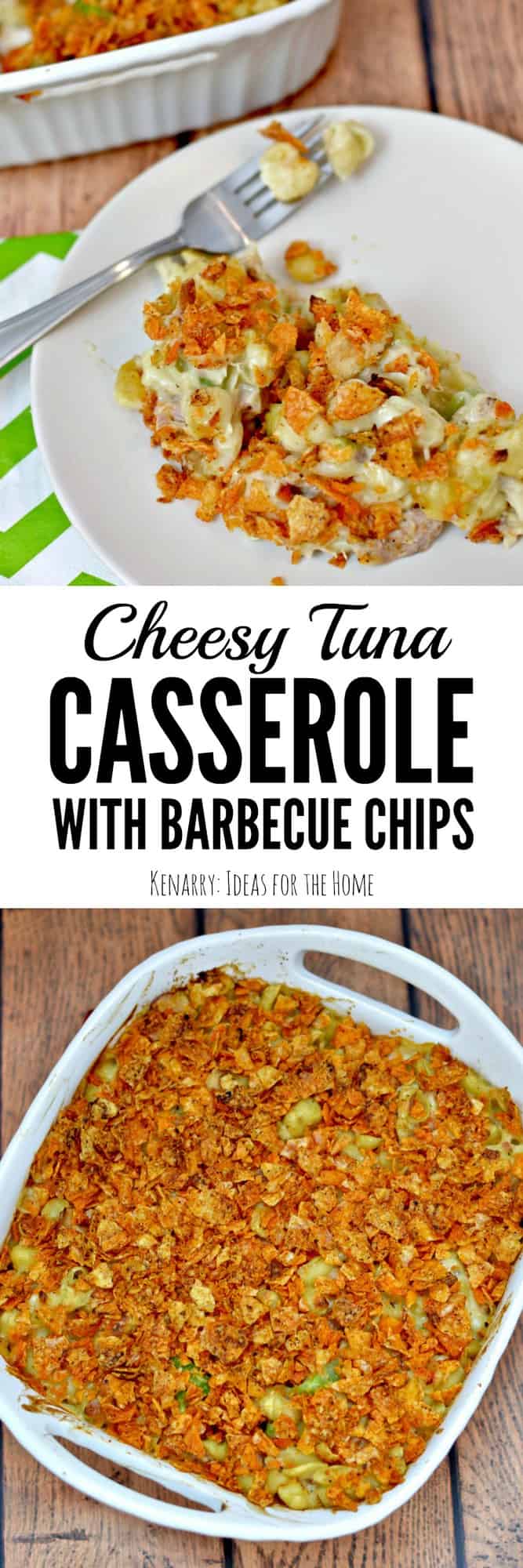 A casserole dish filled with tuna casserole