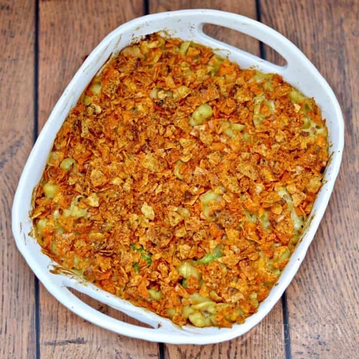 A casserole dish filled with tuna casserole