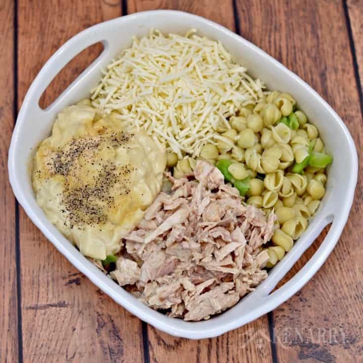 A casserole dish filled with tuna casserole