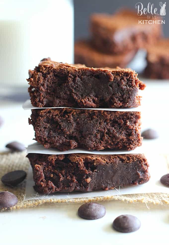 A stack of dark chocolate brownies