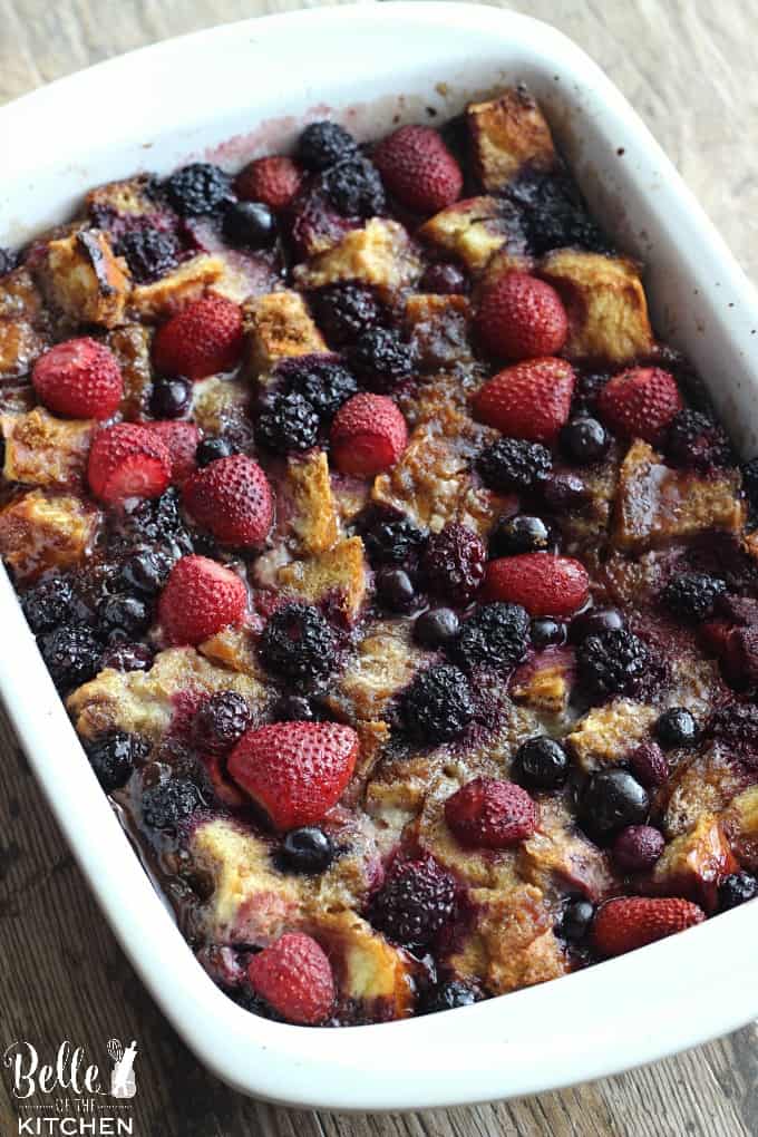 a pan of French toast casserole covered in mixed berries