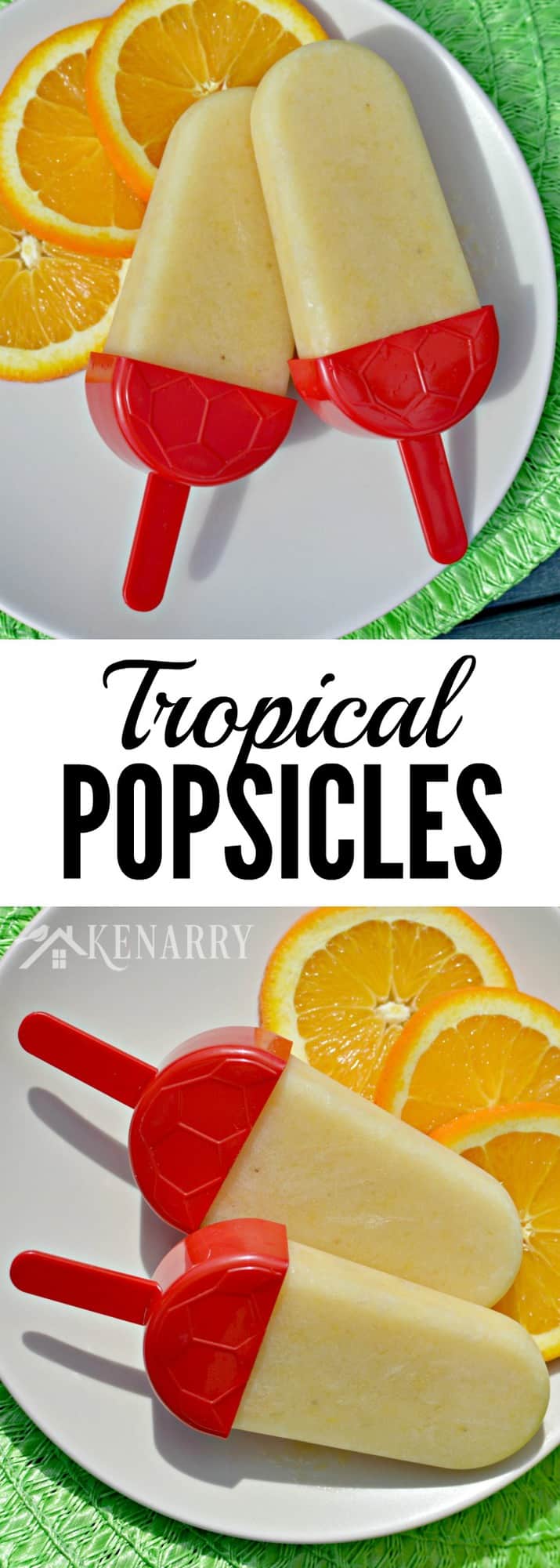 two Popsicles on a plate with sliced oranges