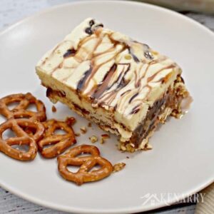 A piece of ice cream cake on a plate with pretzels
