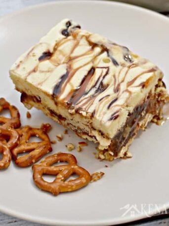 A piece of ice cream cake on a plate with pretzels