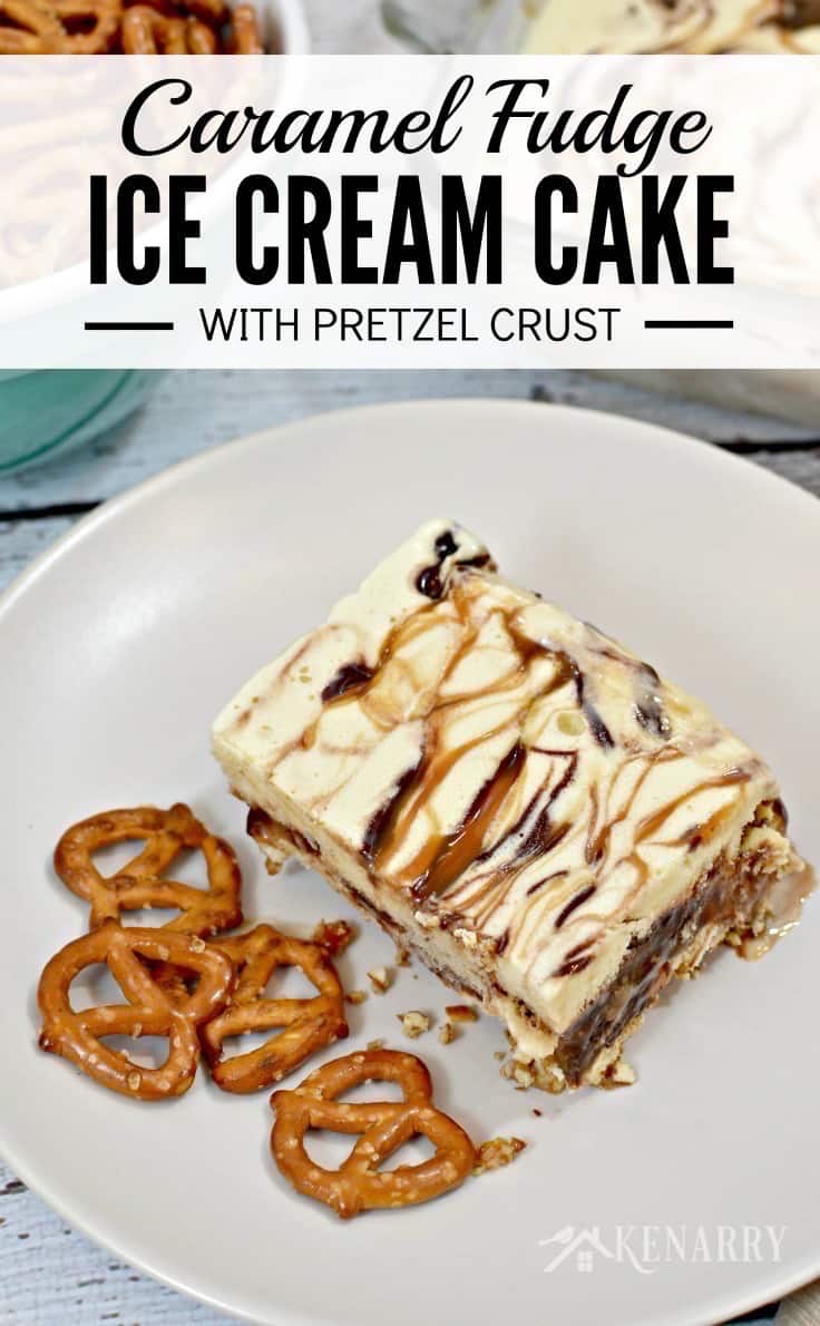 A piece of ice cream cake on a plate with pretzels