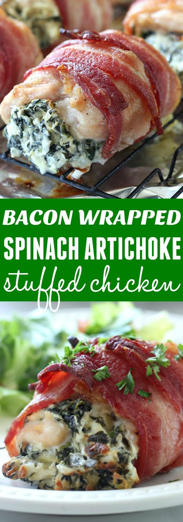 A close up chicken wrapped in bacon and filled with spinach