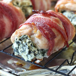 This Bacon Wrapped Spinach Artichoke Stuffed Chicken is one of my family's favorite dinners! So good and yummy!