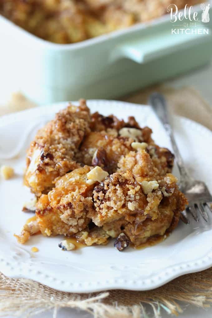 A plate of French toast casserole with a fork