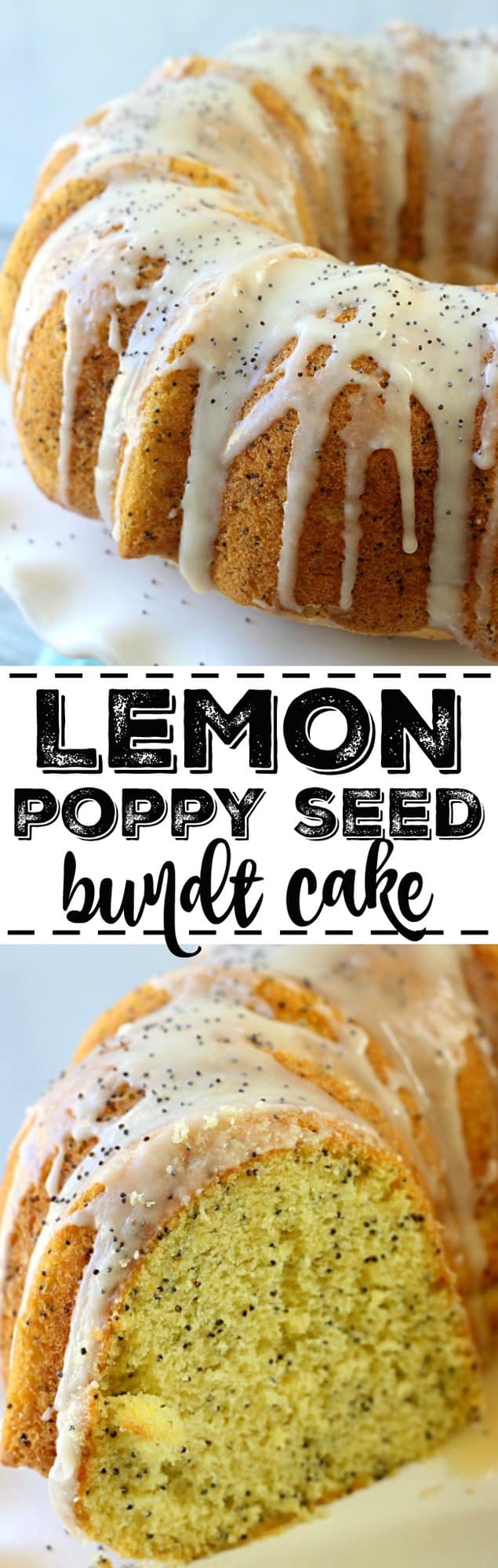 a lemon bundt cake with poppyseed vanilla glaze