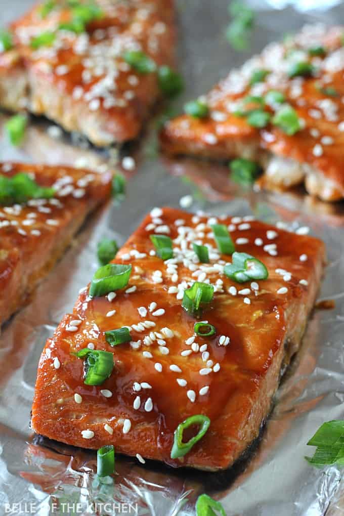 A close up of a glazed salmon