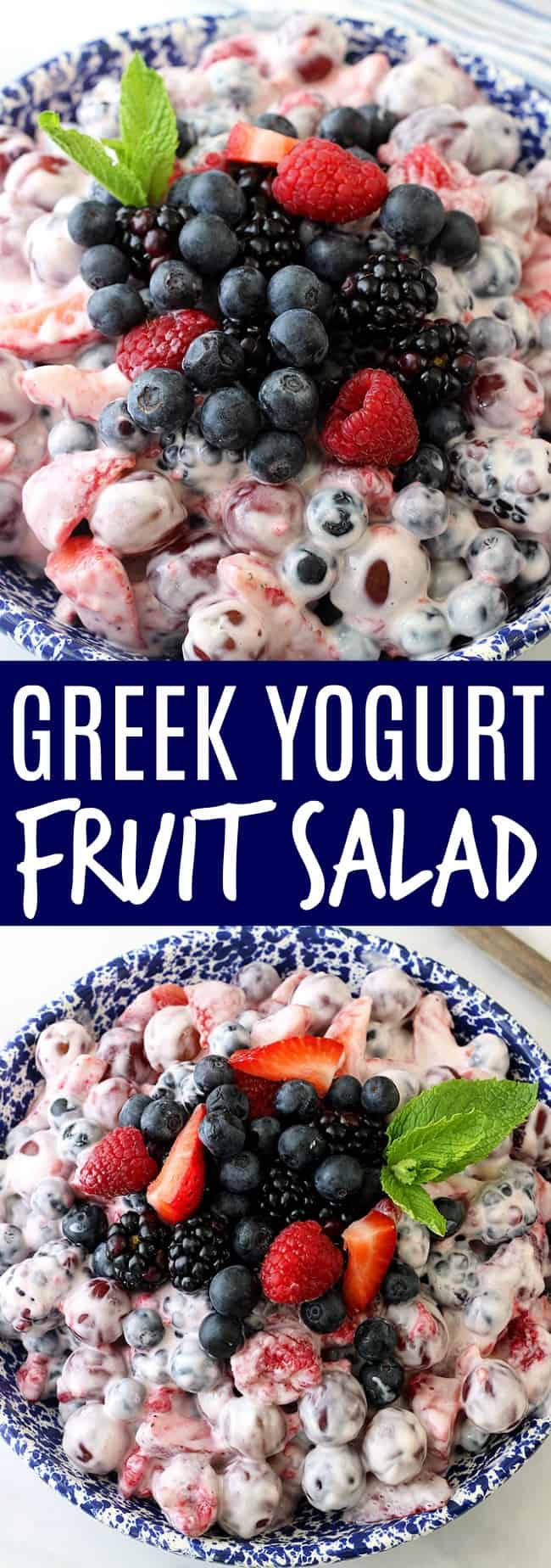 A closeup of fruit salad with greek yogurt in a blue and white bowl
