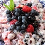 This Greek Yogurt Fruit Salad is made with fresh fruit and a creamy greek yogurt cheesecake filling! Perfect for a side dish, or a lightened up dessert!