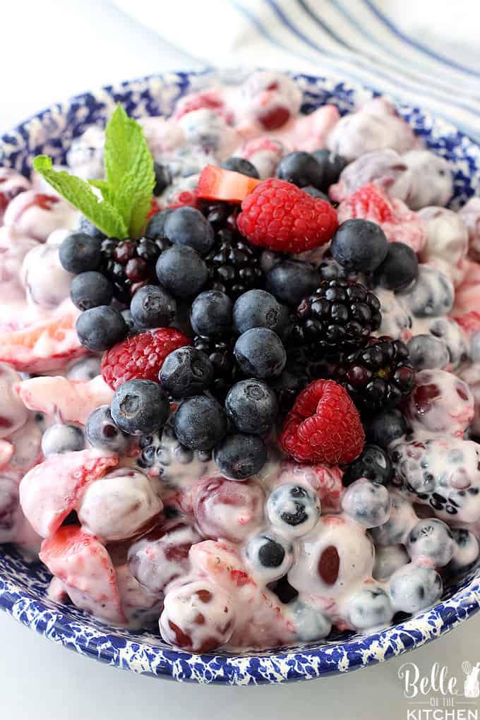 A closeup of fruit salad with greek yogurt in a blue and white bowl