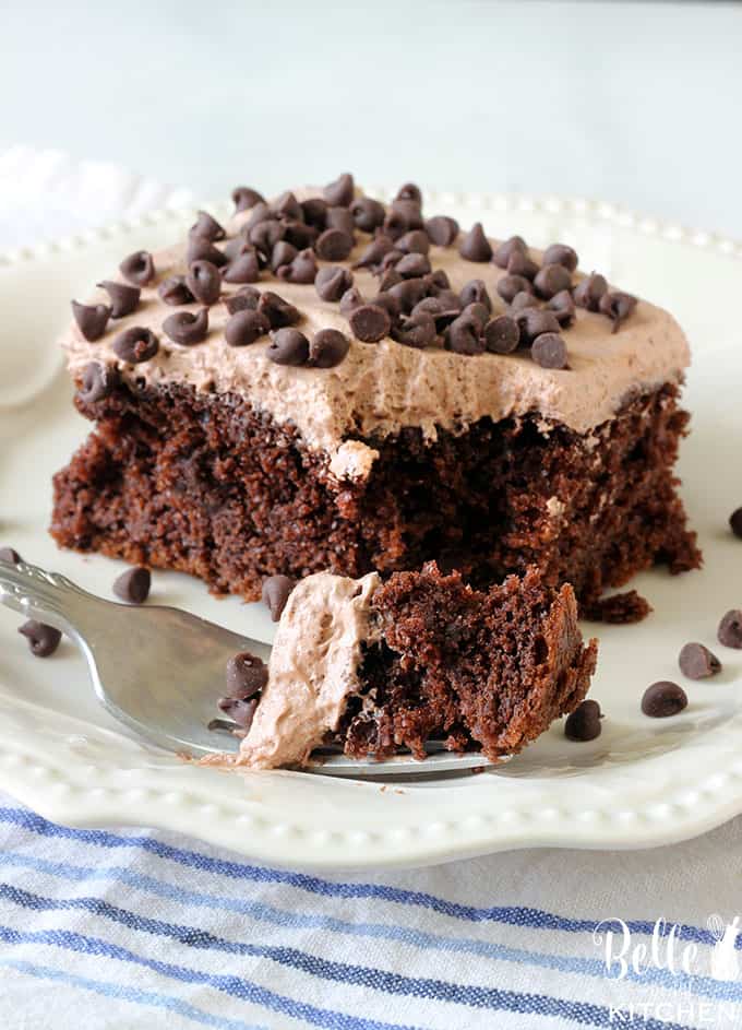 A piece of chocolate cake on a plate with a bite taken out