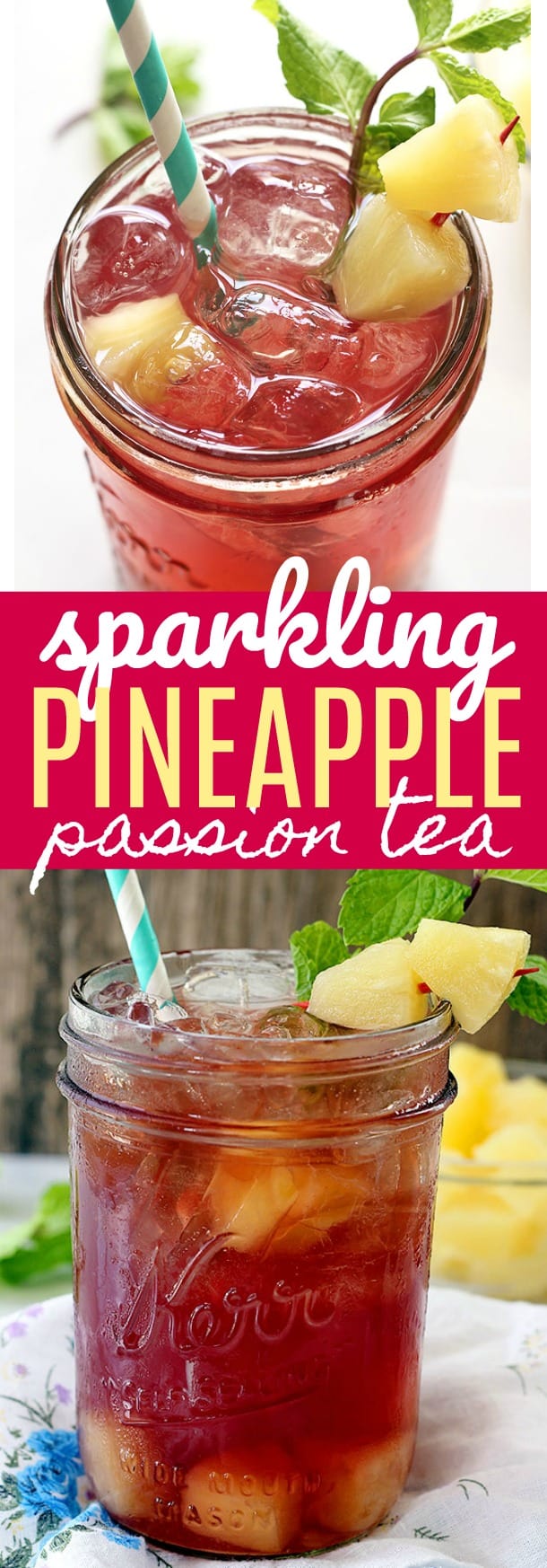 A glass of tea on a table in a mason jar with pineapple and mint