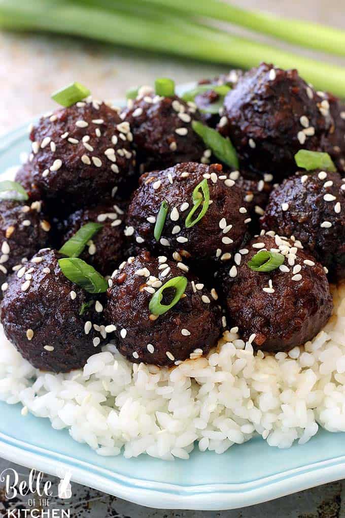 A plate of food with meatballs with sesame seeds and green onions sprinkled on top