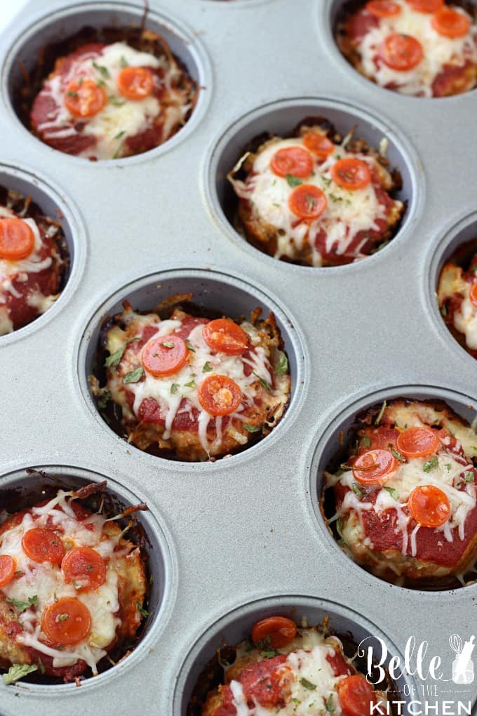 A muffin tin of mini meatloaves with pepperoni