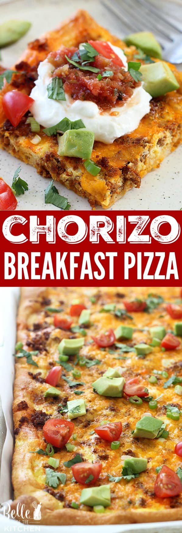 A slice of breakfast pizza with chorizo