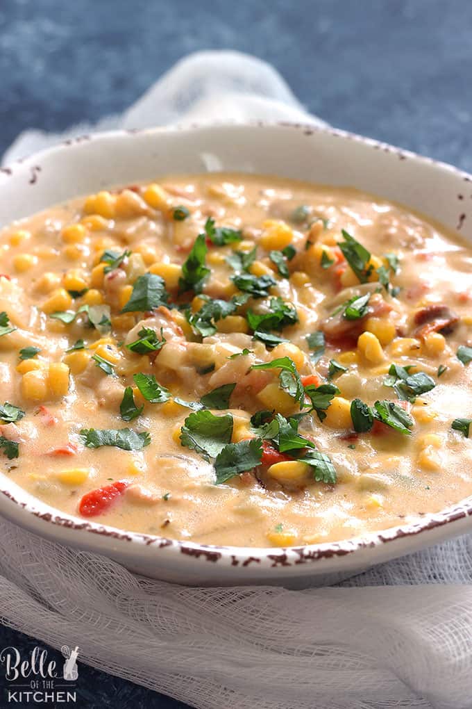 A bowl chipotle corn chowder with cilantro on top